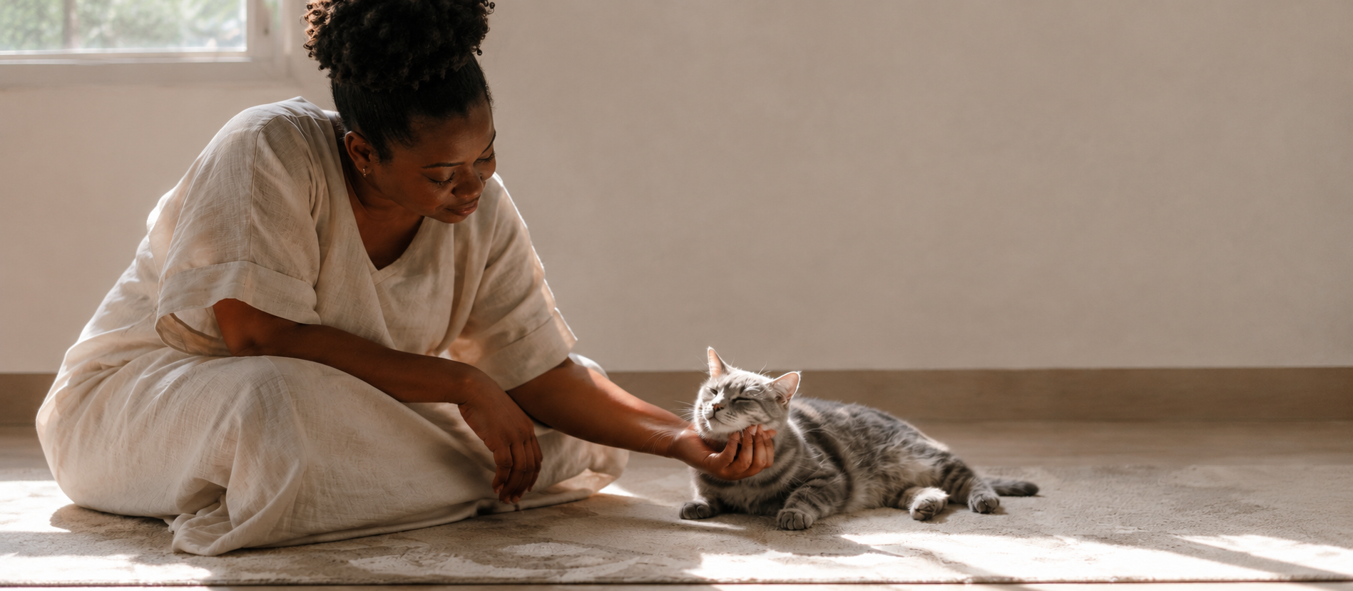 Mulher negra acariciando delicadamente o rosto de um gato em um ambiente doméstico acolhedor.